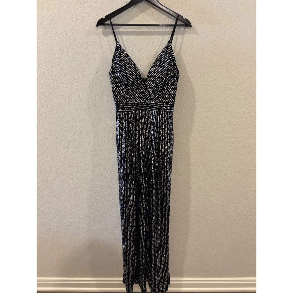 Emerald Sundae Womens Black Silver Sequin Wide Leg Jumpsuit V-Neck Size M
